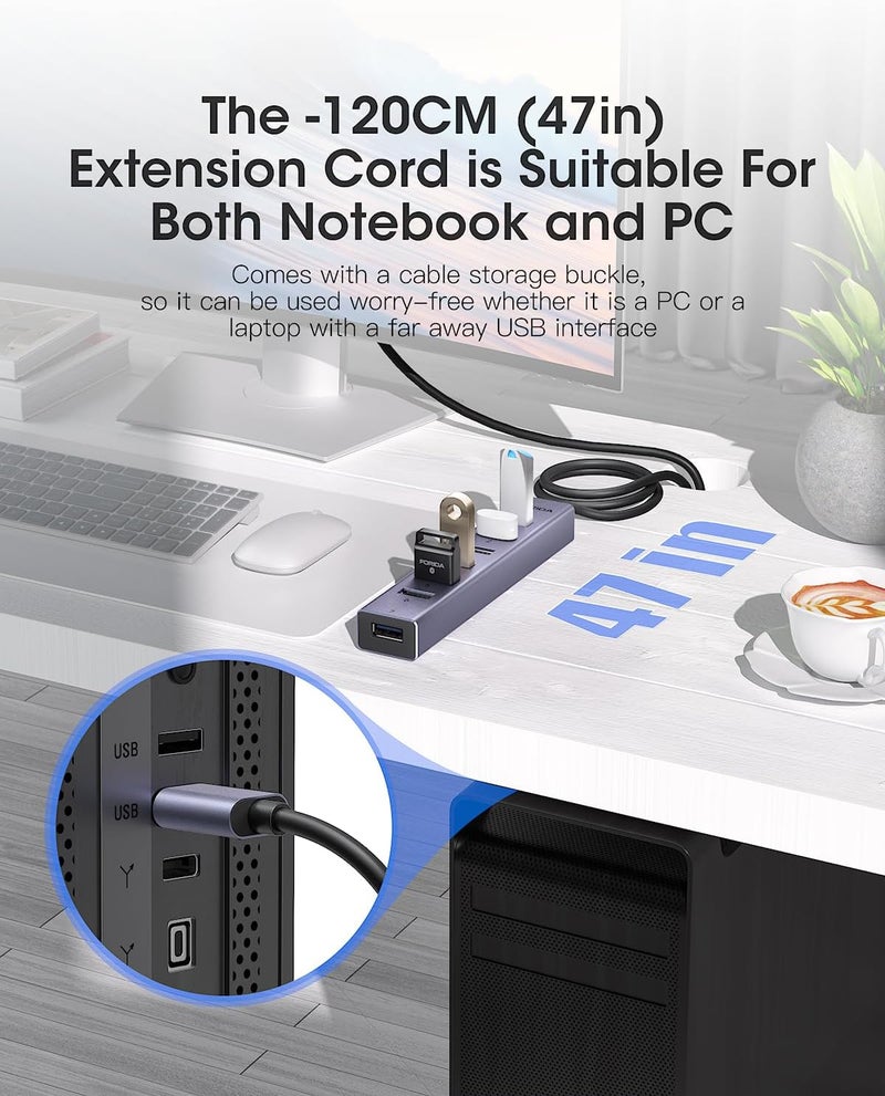 Florida محور USB 8 منافذ من سبائك الألمنيوم مع كابل طويل وموزع USB مع 7 منافذ بيانات USB 3.0 ومنفذ طاقة TypeC 5V/3A متوافق مع MacBook، الكمبيوتر المحمول، Surface Pro، PS5، الكمبيوتر الشخصي والمزيد (رمادي، USB A-47 بوصة) - Image 2